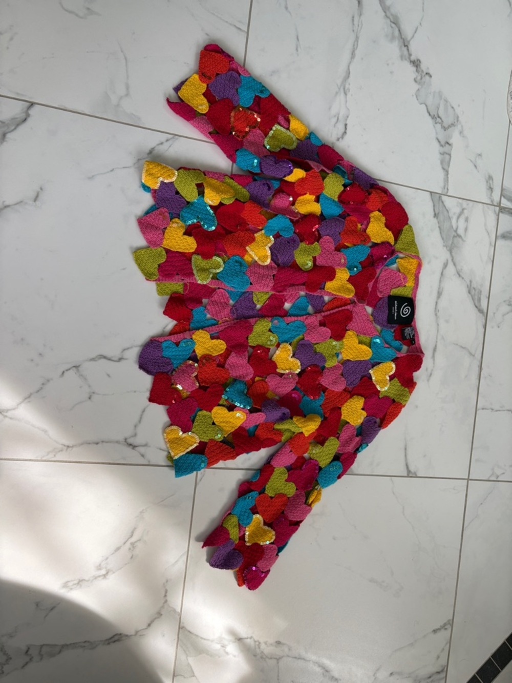 Michael Simon Event Open Weave crochet squined Hear-Themed Sweater sz M